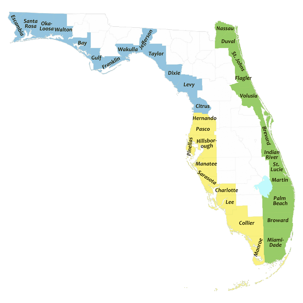A map showing all of the coastal counties through the state of Florida.