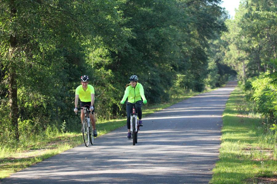 two bicyclists along the Tallahassee-St. Marks Historic Railroad State Trail