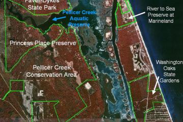 A map pointing out Pellicer Creek Aquatic Preserve and adjacent protected areas.