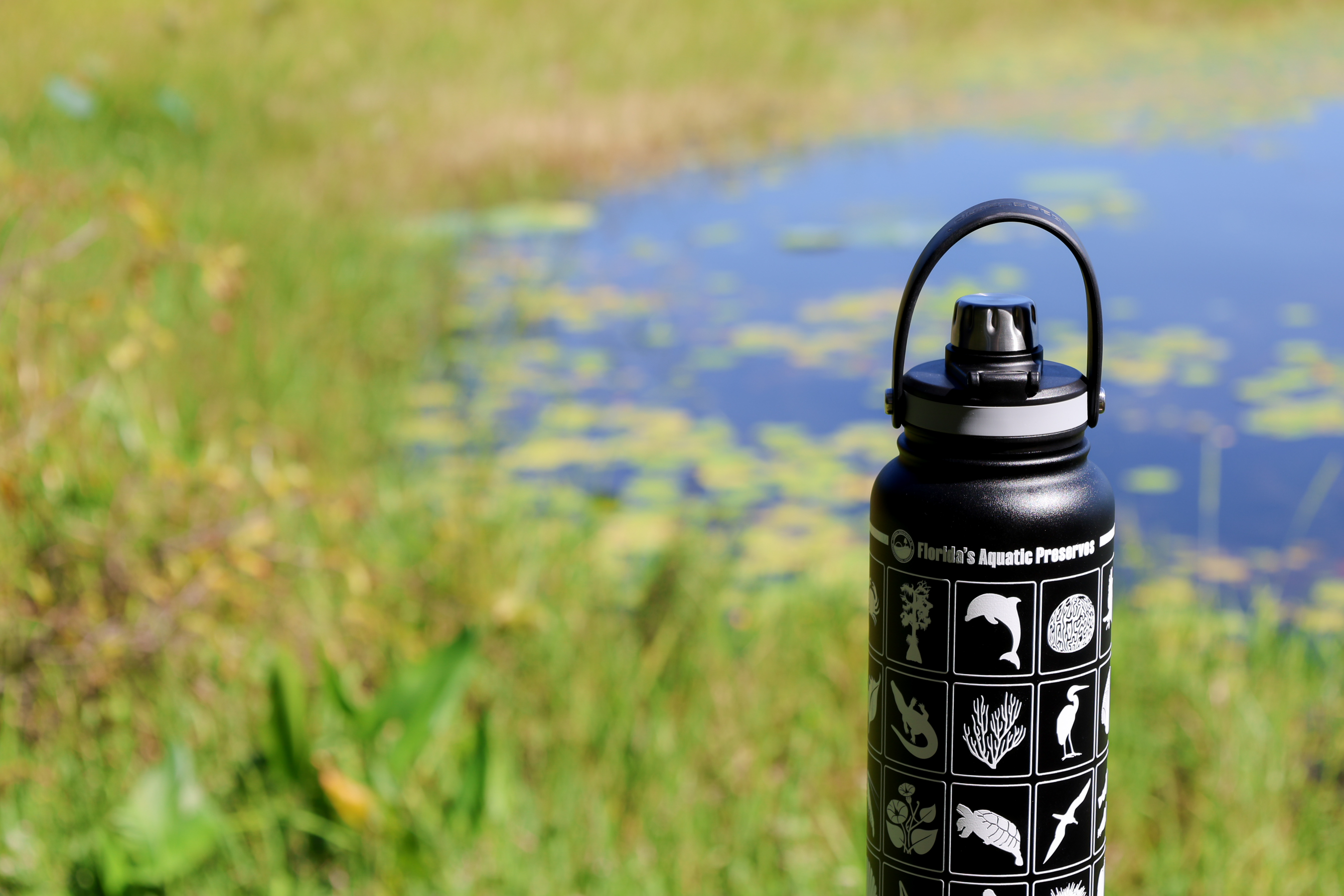 AP water bottle in front of outdoor water scene