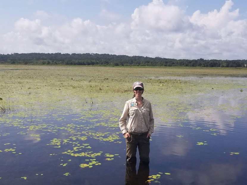Lake Jackson Aquatic Preserve manager standing in the center of Lake Jackson in knee-high water to d