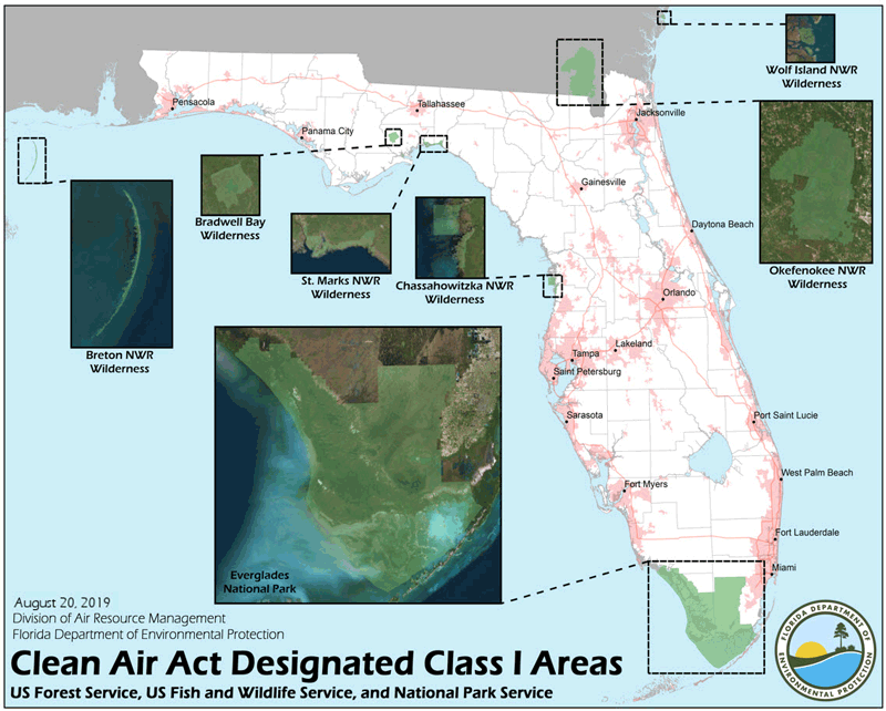 Map of Florida's Clean Air Act Designated Class I Areas