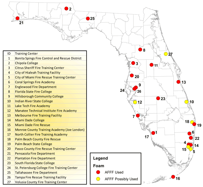 Map of current Florida certified fire training facilities with reported usage of Aqueous Film Forming Foam (AFFF)