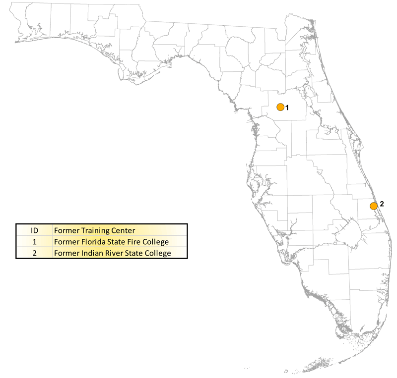 Map of former Florida certified fire training facilities with reported usage of Aqueous Film Forming Foam (AFFF)