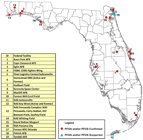Map of Department of Defense facilities in Florida with reported or suspected usage of Aqueous Film Forming Foam (AFFF)