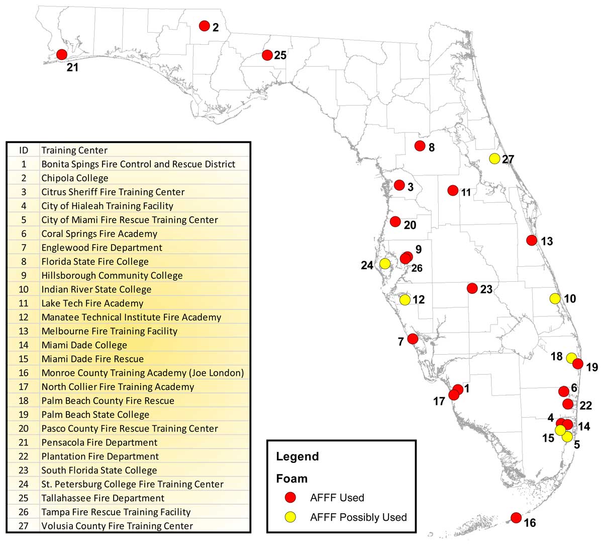 Map of Florida certified fire training facilities with reported usage of Aqueous Film Forming Foam (AFFF)
