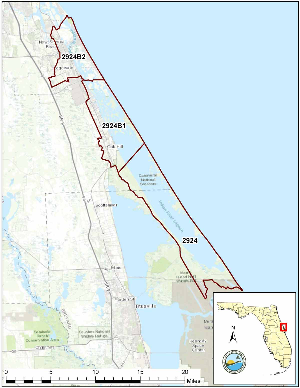Map of the Mosquito Lagoon area with boundaries for the WBIDs included in the reasonable assurance plan currently under development.