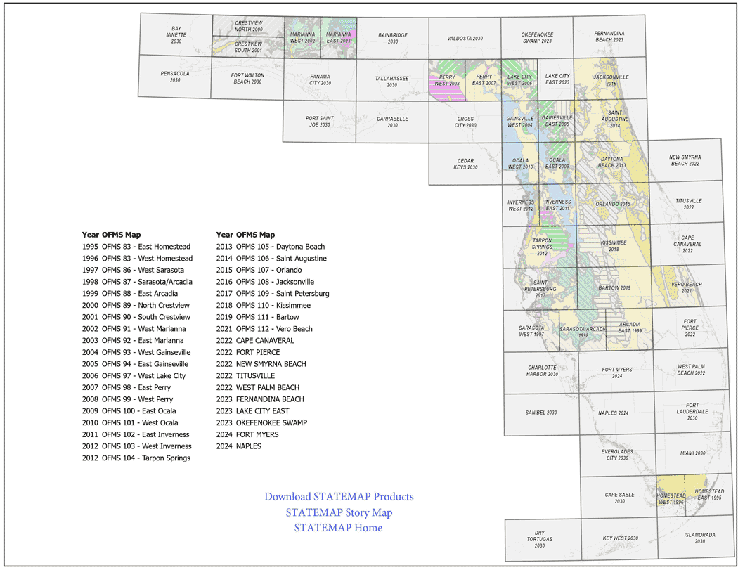State of Florida map showing FGS STATEMAP program completed projects