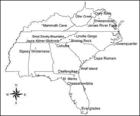 A map of the ten states in the Visibility Improvement State and Tribal Association of the Southeast