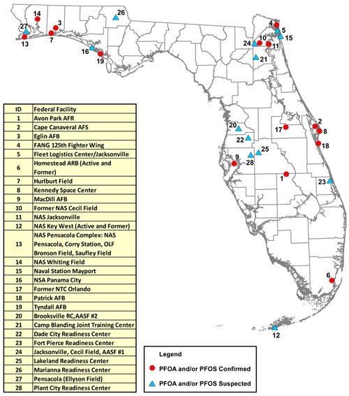 Map of federal facilities in Florida with confirmed or suspected usage of Aqueous Film Forming Foam (AFFF)