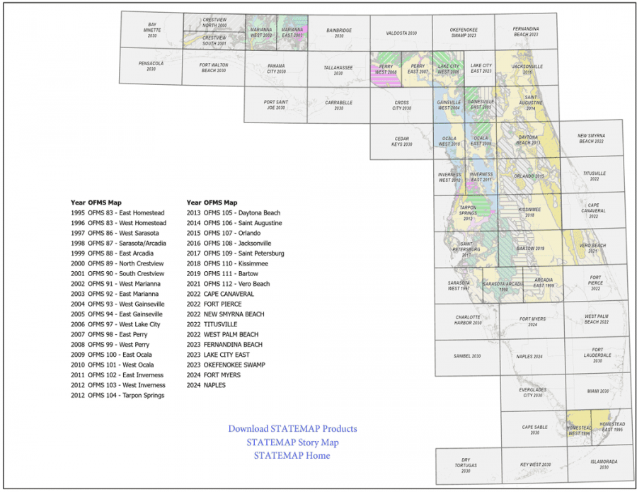 State of Florida map showing FGS STATEMAP Program completed project areas