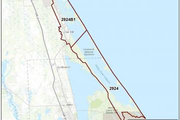 Map of the Mosquito Lagoon area with boundaries for the WBIDs included in the reasonable assurance plan currently under development.